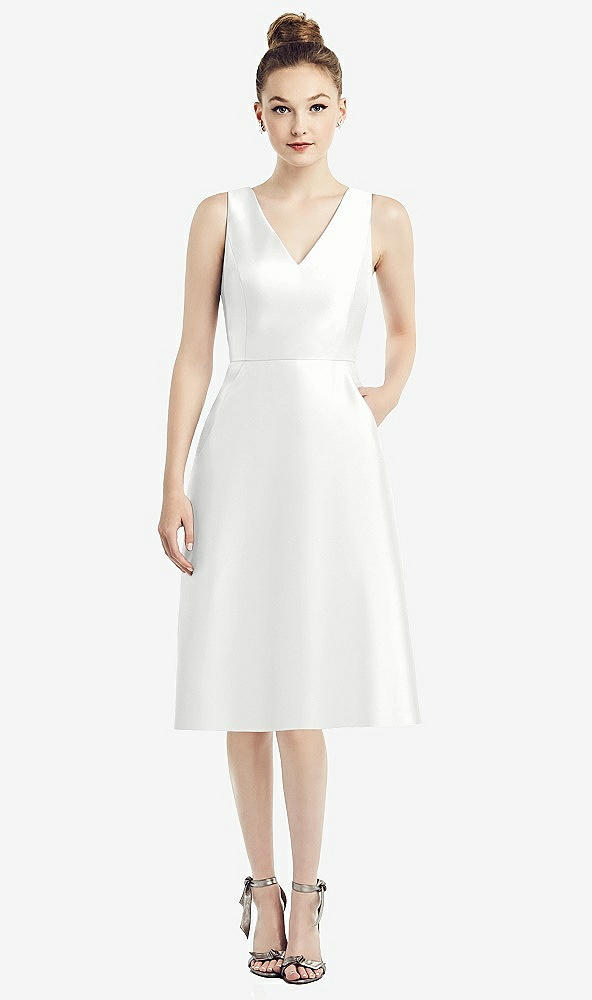 Front View - White Sleeveless V-Neck Satin Midi Dress with Pockets
