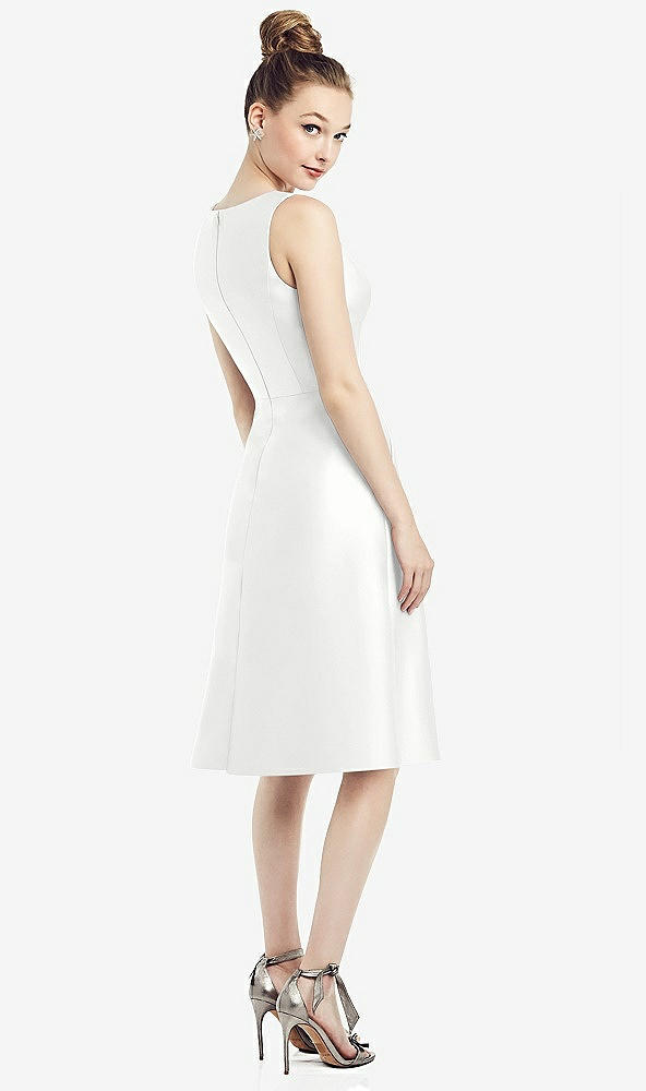 Back View - White Sleeveless V-Neck Satin Midi Dress with Pockets