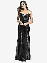Front View Thumbnail - Black Spaghetti Strap Sequin Gown with Flared Skirt