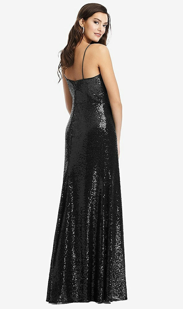 Back View - Black Spaghetti Strap Sequin Gown with Flared Skirt
