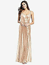 Front View Thumbnail - Rose Gold Spaghetti Strap Sequin Gown with Flared Skirt