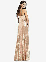 Rear View Thumbnail - Rose Gold Spaghetti Strap Sequin Gown with Flared Skirt
