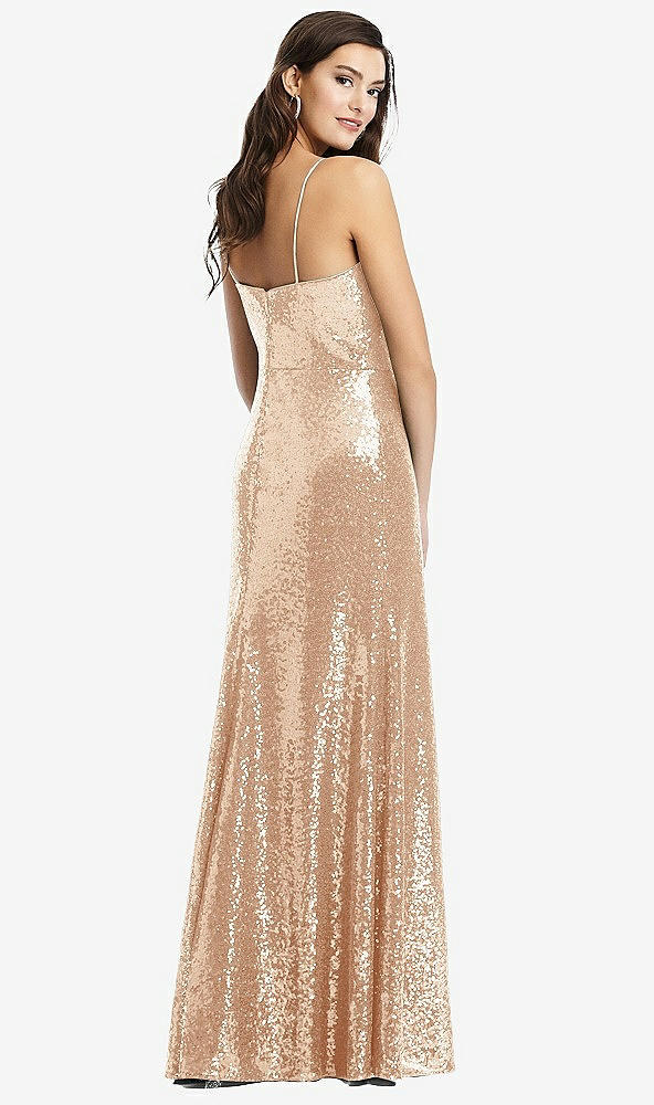 Back View - Rose Gold Spaghetti Strap Sequin Gown with Flared Skirt