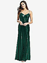 Front View Thumbnail - Hunter Green Spaghetti Strap Sequin Gown with Flared Skirt