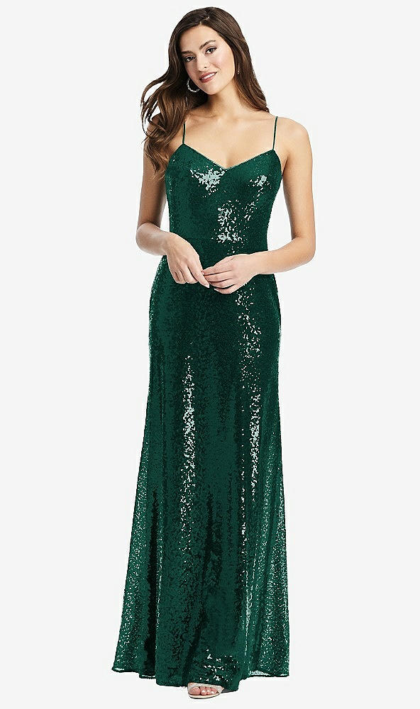 Front View - Hunter Green Spaghetti Strap Sequin Gown with Flared Skirt