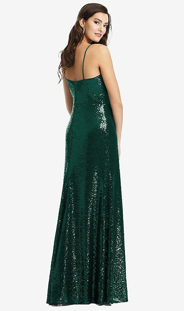 Back View - Hunter Green Spaghetti Strap Sequin Gown with Flared Skirt