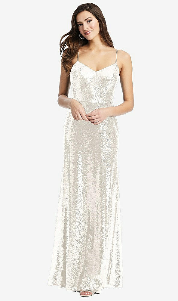 Front View - Ivory Spaghetti Strap Sequin Gown with Flared Skirt