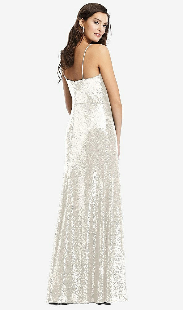 Back View - Ivory Spaghetti Strap Sequin Gown with Flared Skirt