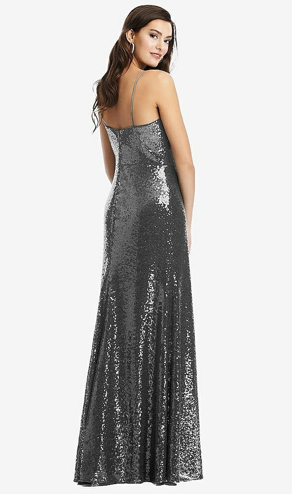 Back View - Stardust Spaghetti Strap Sequin Gown with Flared Skirt