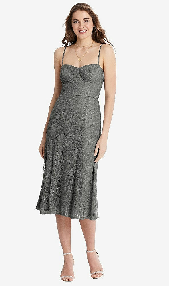Front View - Charcoal Gray Lace Bustier Midi Dress with Spaghetti Straps