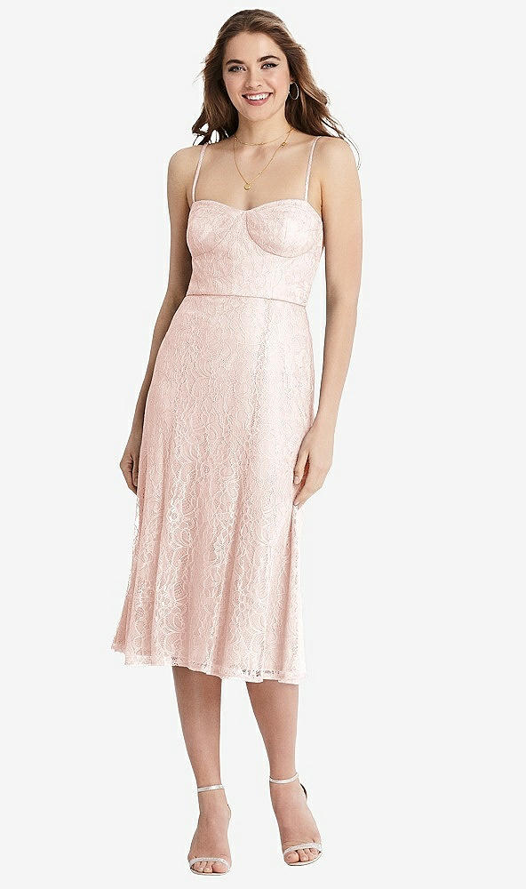 Front View - Blush Lace Bustier Midi Dress with Spaghetti Straps
