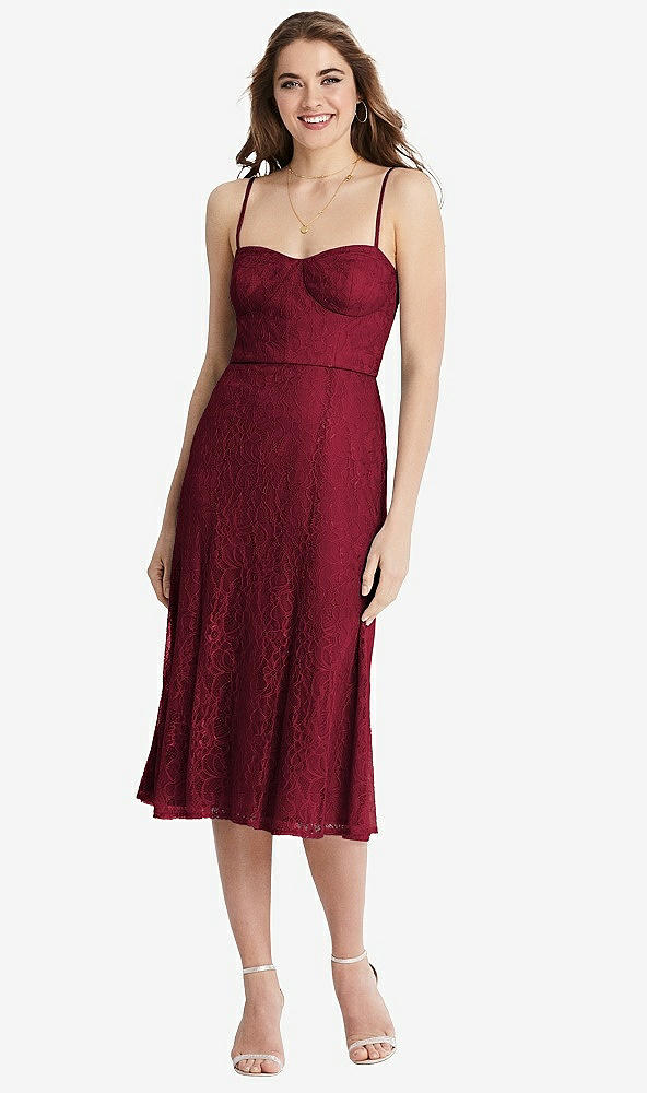 Front View - Burgundy Lace Bustier Midi Dress with Spaghetti Straps