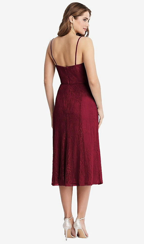 Back View - Burgundy Lace Bustier Midi Dress with Spaghetti Straps