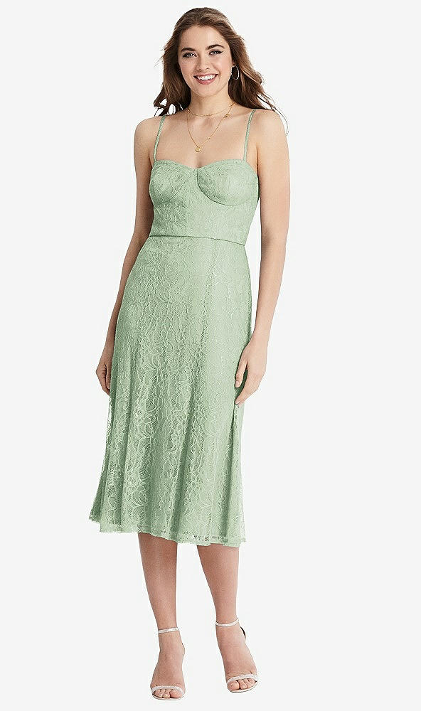 Front View - Celadon Lace Bustier Midi Dress with Spaghetti Straps