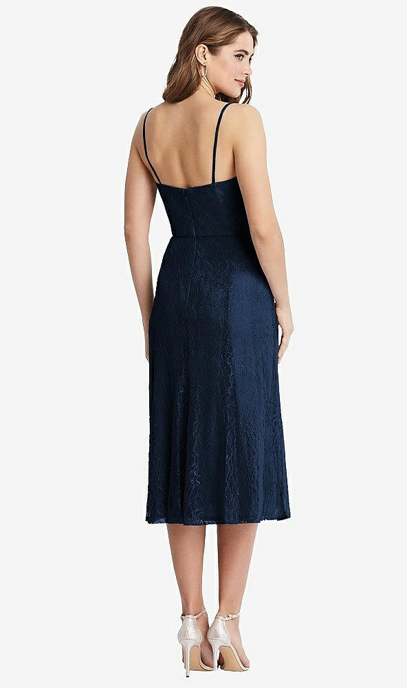 Back View - Midnight Navy Lace Bustier Midi Dress with Spaghetti Straps