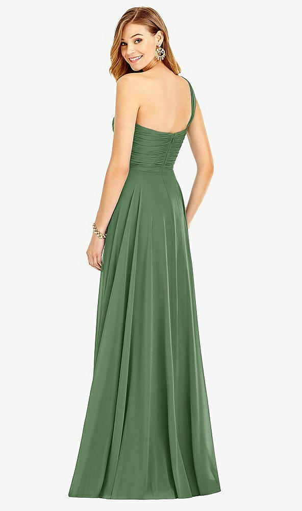 Back View - Vineyard Green One-Shoulder Draped Chiffon Maxi Dress - Dani