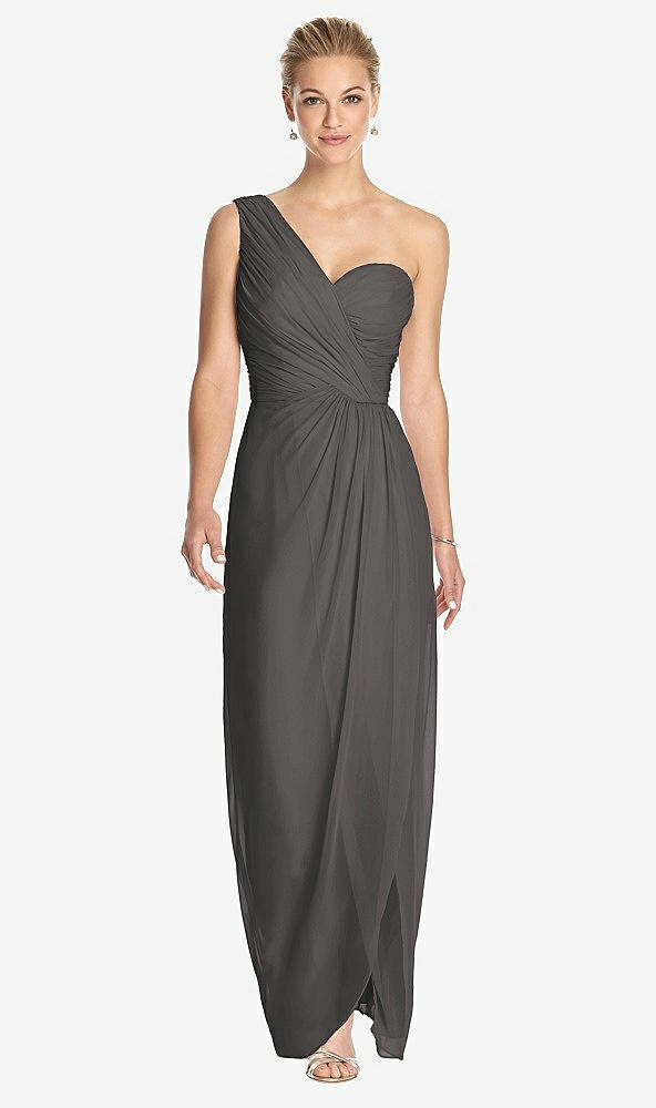 Front View - Caviar Gray One-Shoulder Draped Maxi Dress with Front Slit - Aeryn