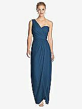Front View Thumbnail - Dusk Blue One-Shoulder Draped Maxi Dress with Front Slit - Aeryn