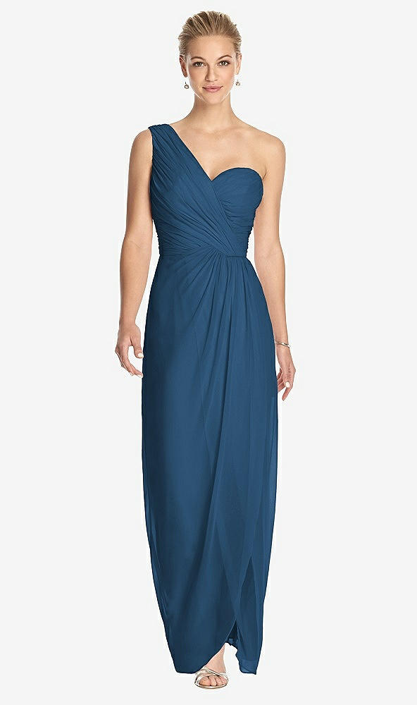 Front View - Dusk Blue One-Shoulder Draped Maxi Dress with Front Slit - Aeryn