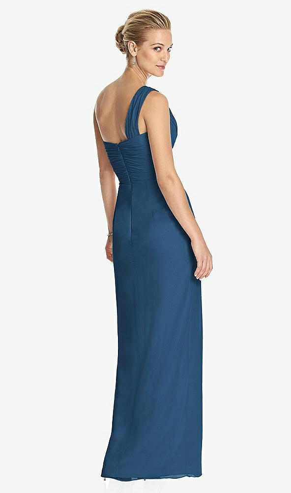 Back View - Dusk Blue One-Shoulder Draped Maxi Dress with Front Slit - Aeryn
