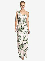 Front View Thumbnail - Palm Beach Print One-Shoulder Draped Maxi Dress with Front Slit - Aeryn