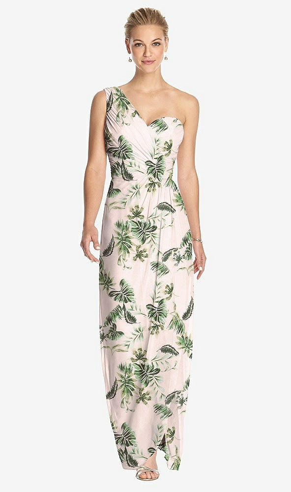 Front View - Palm Beach Print One-Shoulder Draped Maxi Dress with Front Slit - Aeryn