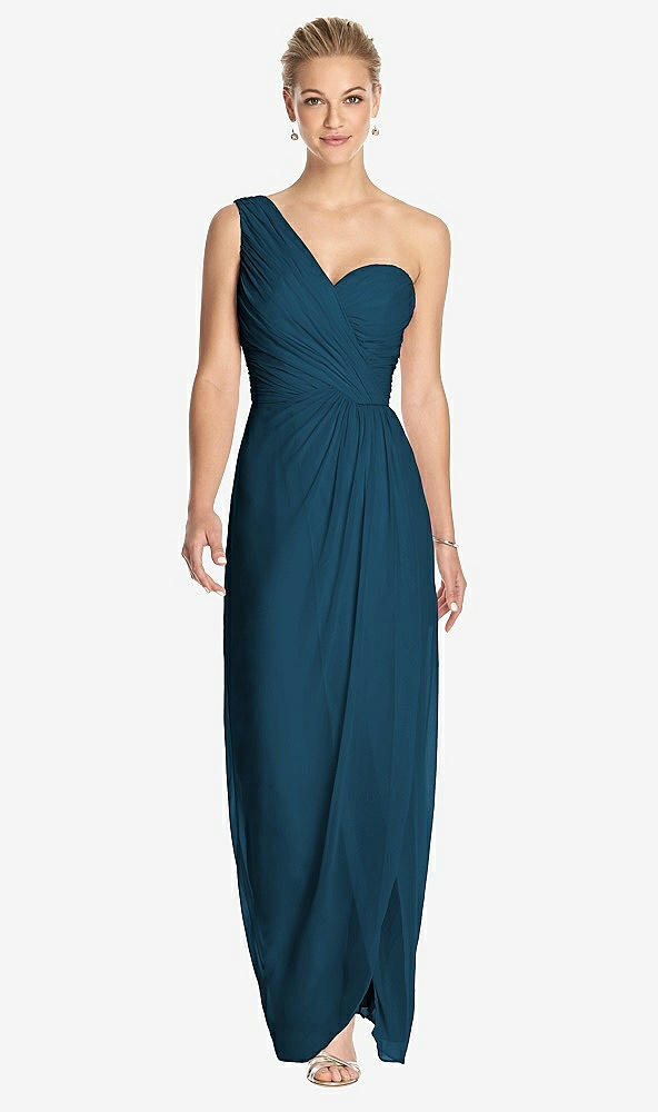 Front View - Atlantic Blue One-Shoulder Draped Maxi Dress with Front Slit - Aeryn