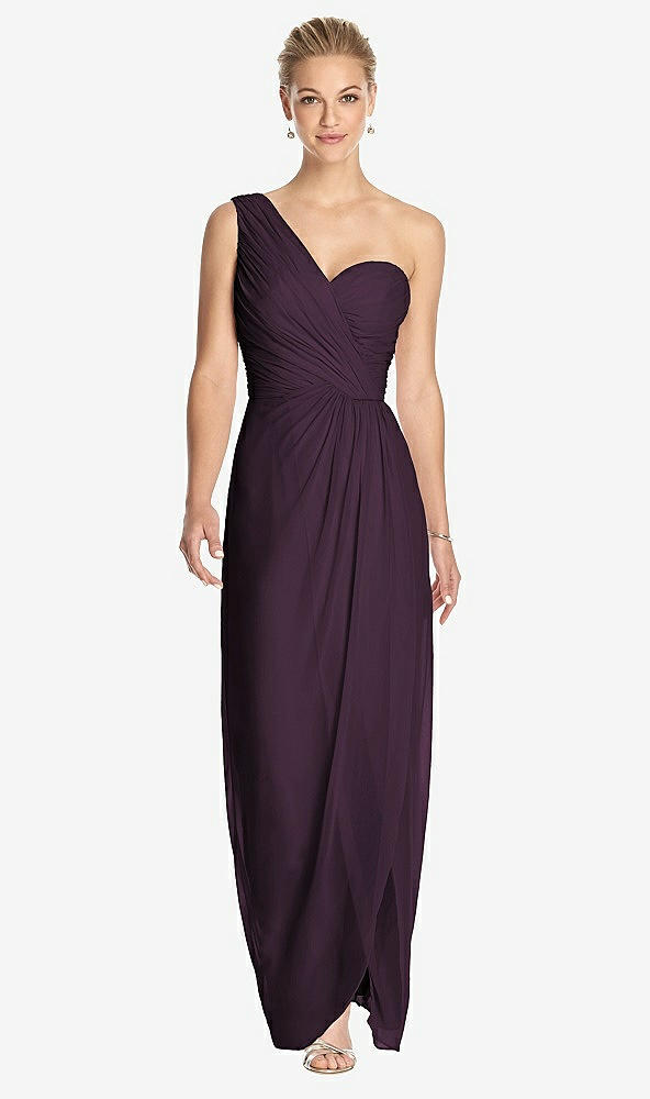 Front View - Aubergine One-Shoulder Draped Maxi Dress with Front Slit - Aeryn