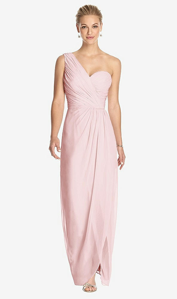 Front View - Ballet Pink One-Shoulder Draped Maxi Dress with Front Slit - Aeryn