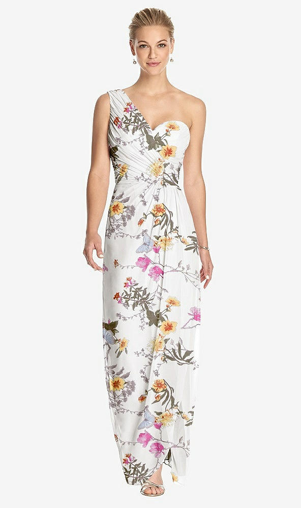 Front View - Butterfly Botanica Ivory One-Shoulder Draped Maxi Dress with Front Slit - Aeryn
