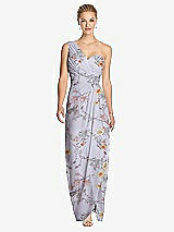 Front View Thumbnail - Butterfly Botanica Silver Dove One-Shoulder Draped Maxi Dress with Front Slit - Aeryn
