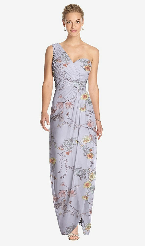Front View - Butterfly Botanica Silver Dove One-Shoulder Draped Maxi Dress with Front Slit - Aeryn