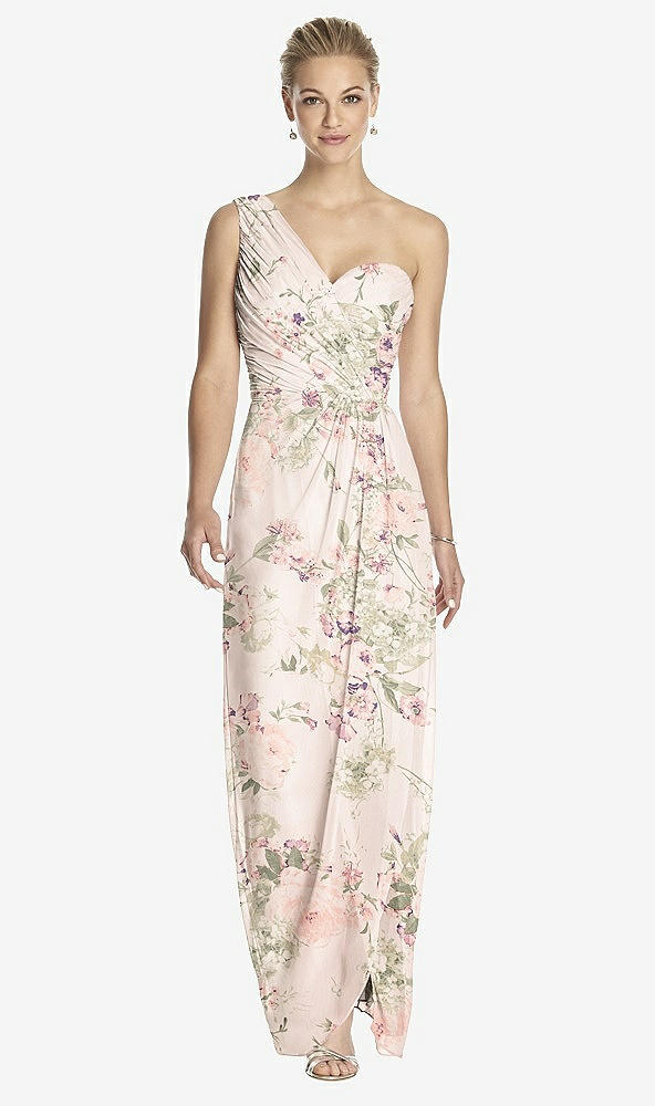 Front View - Blush Garden One-Shoulder Draped Maxi Dress with Front Slit - Aeryn