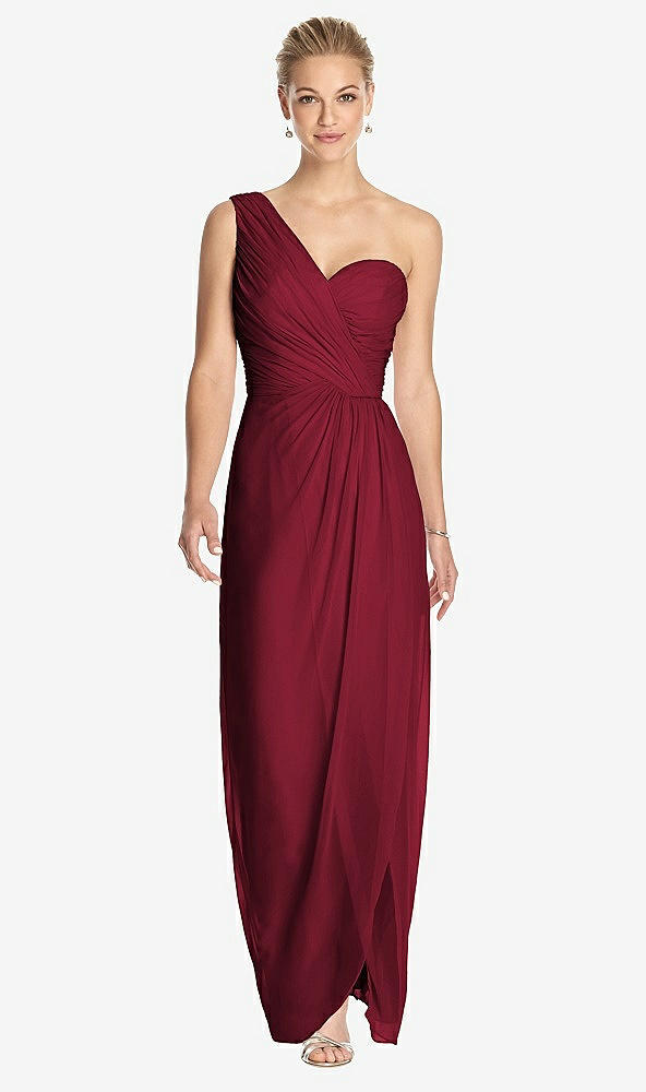 Front View - Burgundy One-Shoulder Draped Maxi Dress with Front Slit - Aeryn