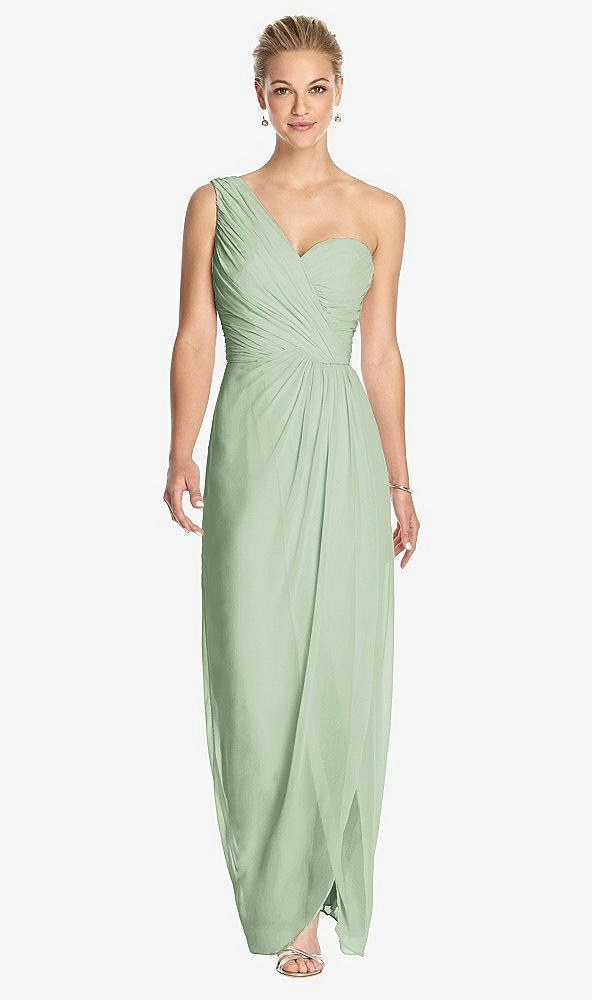 Front View - Celadon One-Shoulder Draped Maxi Dress with Front Slit - Aeryn