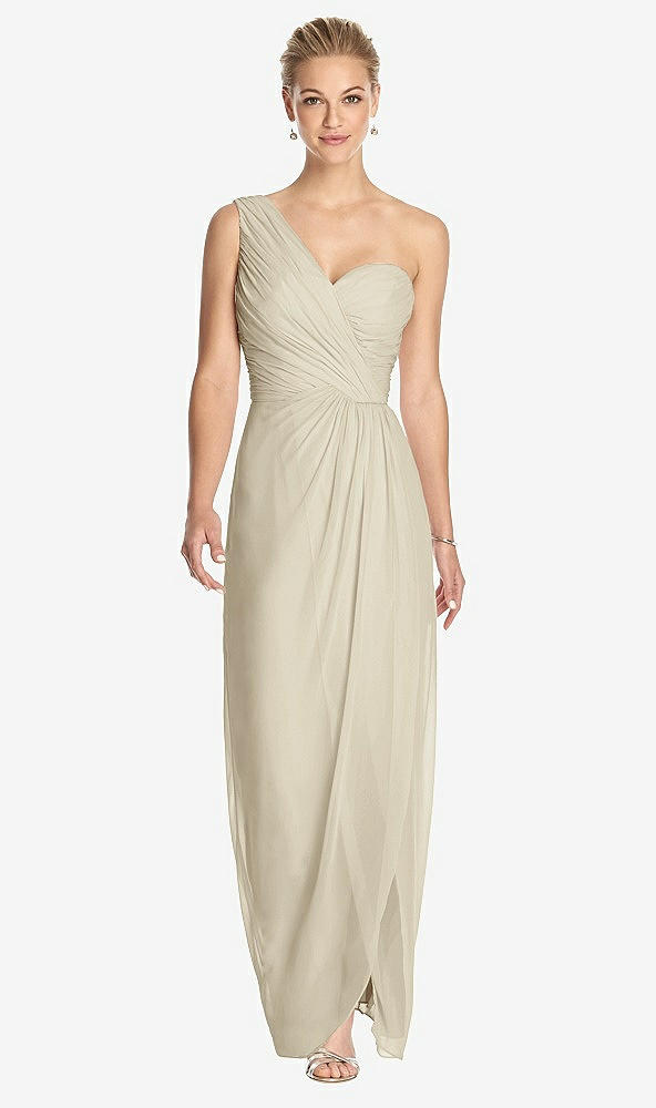 Front View - Champagne One-Shoulder Draped Maxi Dress with Front Slit - Aeryn