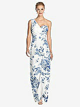 Front View Thumbnail - Cottage Rose Dusk Blue One-Shoulder Draped Maxi Dress with Front Slit - Aeryn