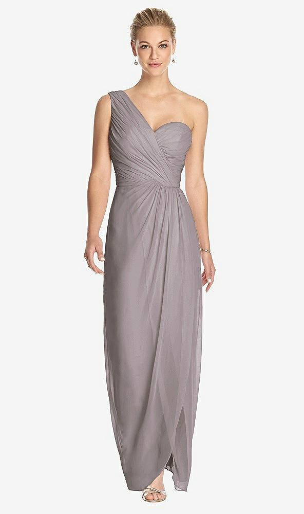 Front View - Cashmere Gray One-Shoulder Draped Maxi Dress with Front Slit - Aeryn