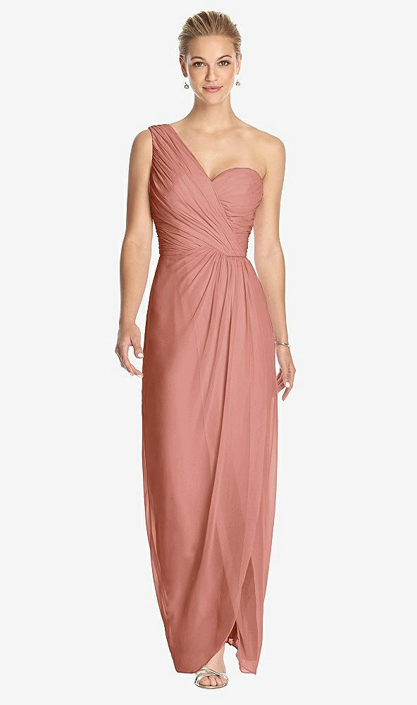 Front View - Desert Rose One-Shoulder Draped Maxi Dress with Front Slit - Aeryn