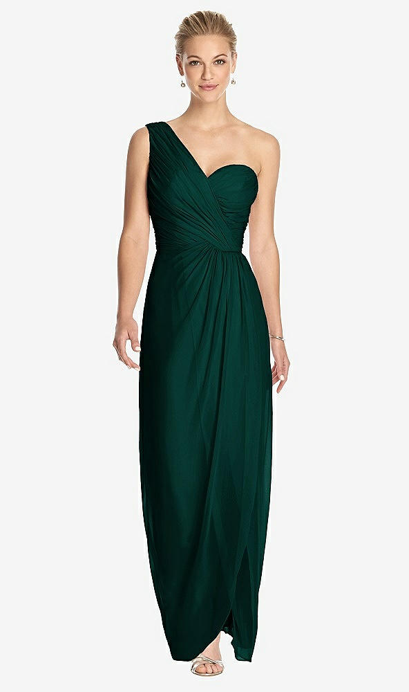 Front View - Evergreen One-Shoulder Draped Maxi Dress with Front Slit - Aeryn
