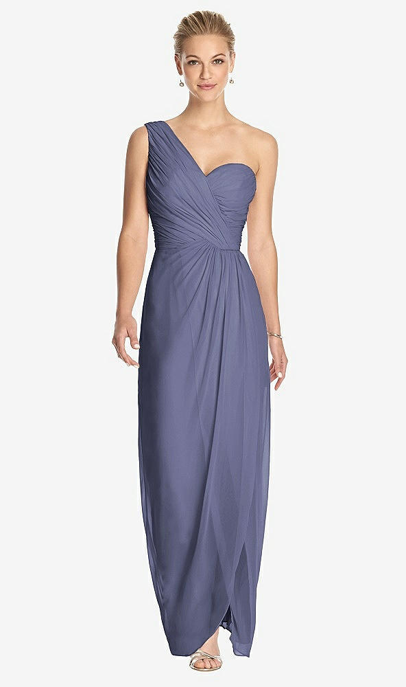 Front View - French Blue One-Shoulder Draped Maxi Dress with Front Slit - Aeryn
