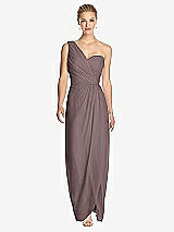 Front View Thumbnail - French Truffle One-Shoulder Draped Maxi Dress with Front Slit - Aeryn