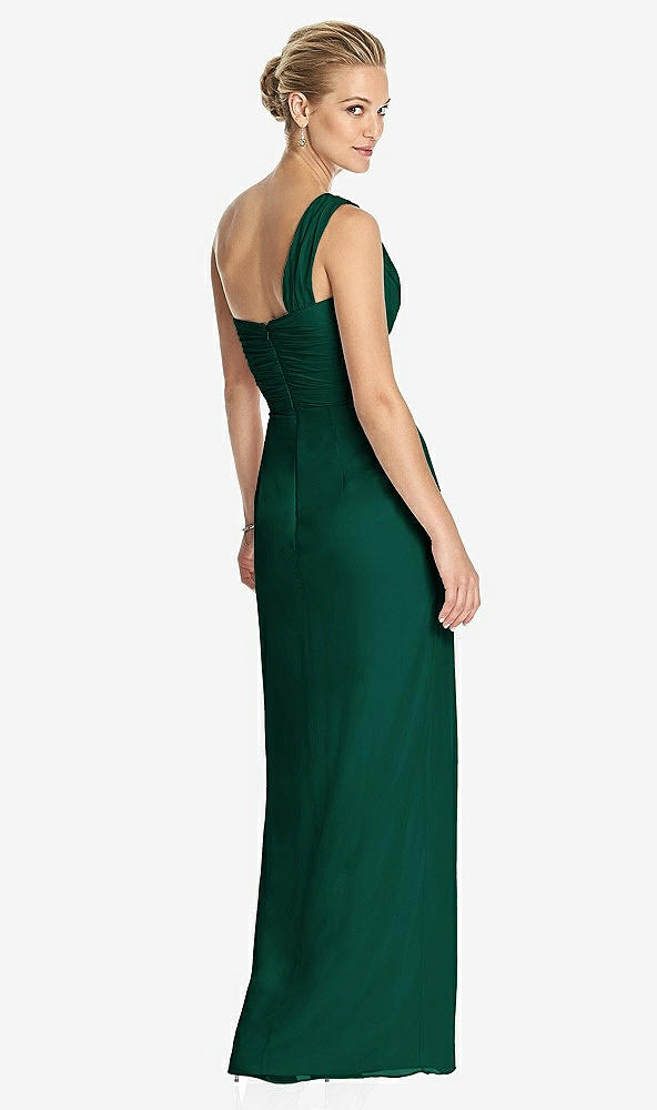 Back View - Hunter Green One-Shoulder Draped Maxi Dress with Front Slit - Aeryn