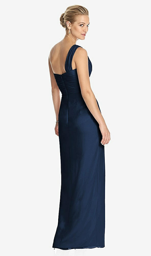 Back View - Midnight Navy One-Shoulder Draped Maxi Dress with Front Slit - Aeryn