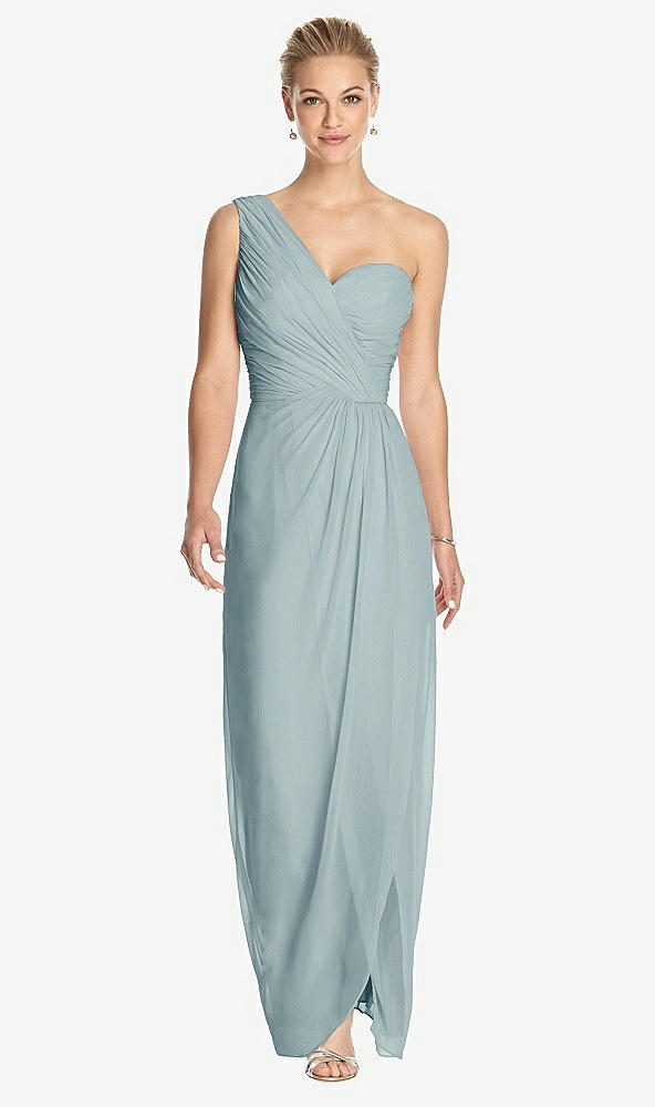 Front View - Morning Sky One-Shoulder Draped Maxi Dress with Front Slit - Aeryn