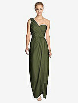 Front View Thumbnail - Olive Green One-Shoulder Draped Maxi Dress with Front Slit - Aeryn