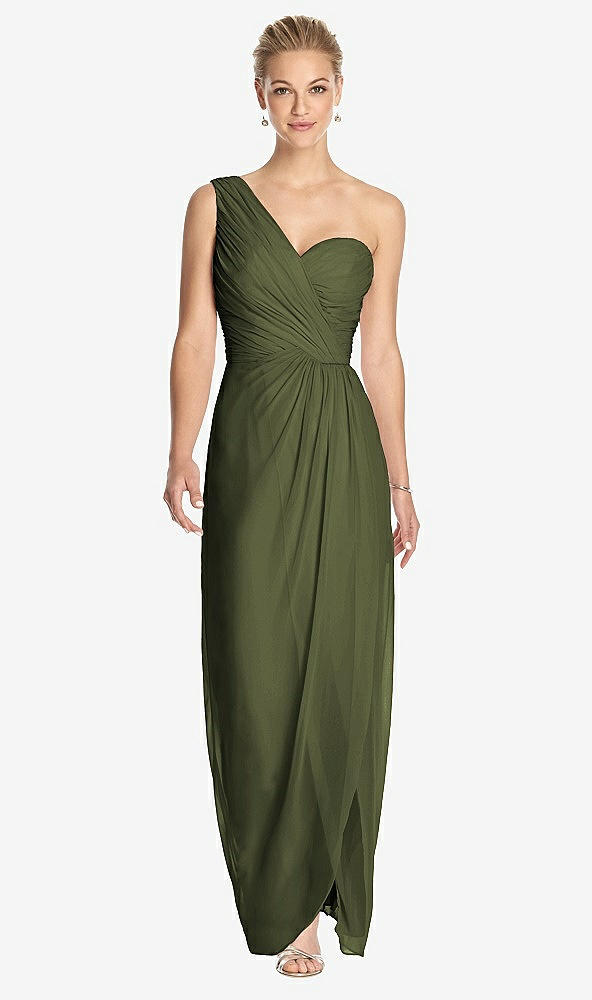 Front View - Olive Green One-Shoulder Draped Maxi Dress with Front Slit - Aeryn