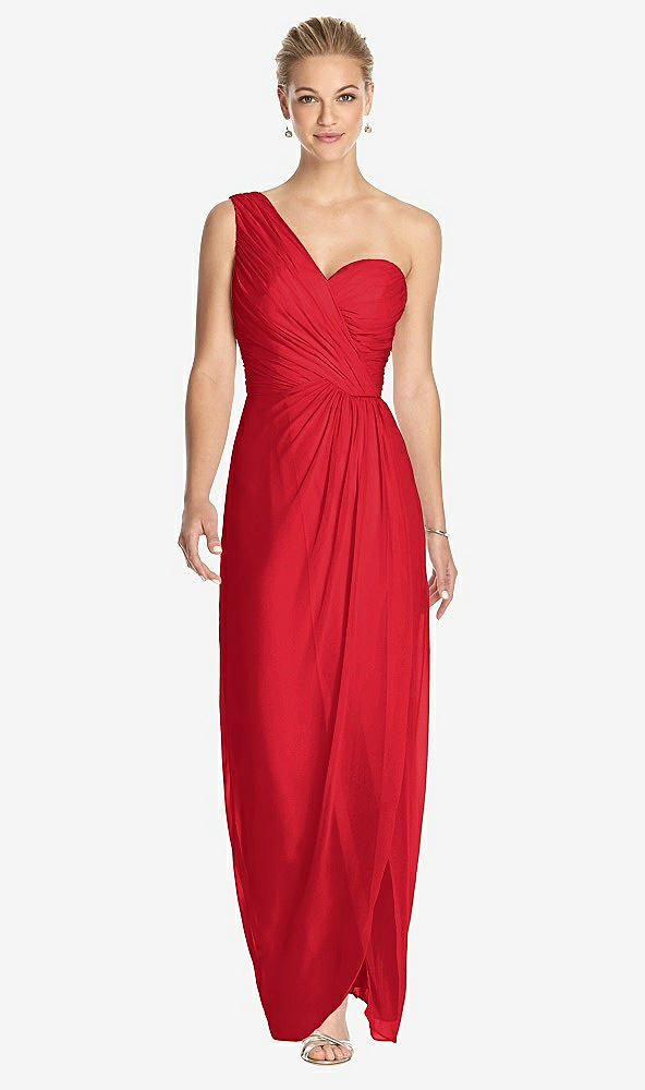 Front View - Parisian Red One-Shoulder Draped Maxi Dress with Front Slit - Aeryn