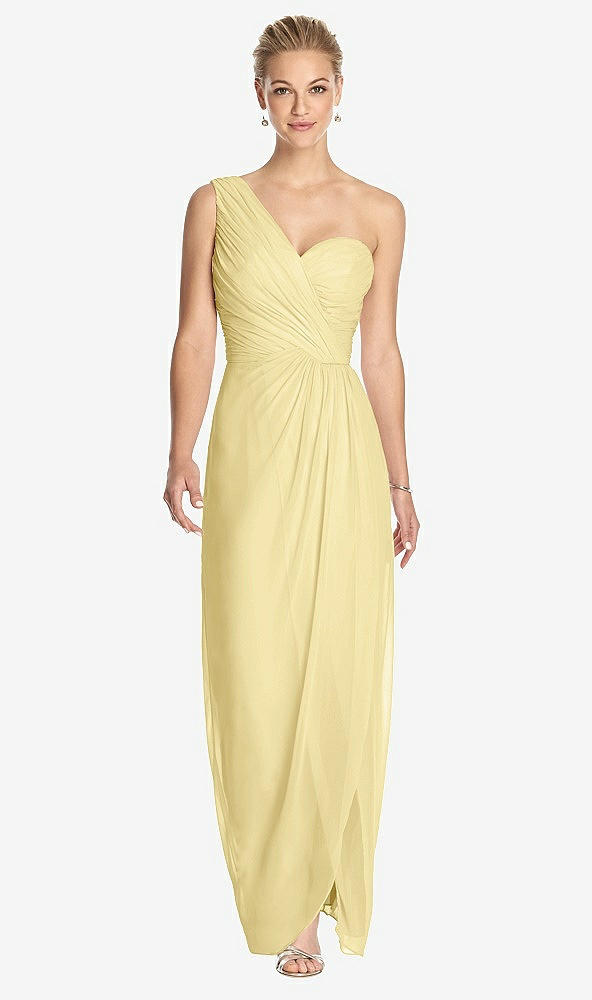 Front View - Pale Yellow One-Shoulder Draped Maxi Dress with Front Slit - Aeryn