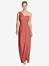 Front View Thumbnail - Coral Pink One-Shoulder Draped Maxi Dress with Front Slit - Aeryn